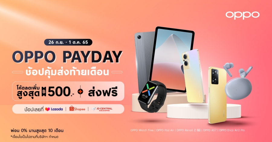 OPPO จัดเต็มส่งมอบโปรสุดพิเศษกับ “OPPO Pay Day” มอบโค้ดลดเพิ่มสูงสุด 500 บาท พร้อมจัดเต็มโปรสุดคุ้มเมื่อช้อปสมาร์ตโฟนและอุปกรณ์ IoT ตั้งแต่วันที่ 26 กันยายน – 1 ตุลาคมนี้เท่านั้น!    26 กันยายน 2565 กรุงเทพฯ – OPPO แบรนด์อุปกรณ์อัจฉริยะชั้นนำในไทย ส่งท้ายสิ้นเดือนด้วยโปรสุดคุ้มผ่านแคมเปญ “OPPO Pay Day” มอบโค้ดลดสุดพิเศษพร้อมของแถมจัดเต็มทั้งสมาร์ตโฟนและอุปกรณ์ IoT ใหม่ล่าสุดจาก OPPO ตั้งแต่วันที่ 26 กันยายน – 1 ตุลาคม 2565 ที่ OPPO Official Store บน Shopee, Lazada และ JD Central  เอาใจสายแท็บเล็ต จัดเต็มของแถมพร้อมโปรสุดคุ้มกับ OPPO Pad Air   OPPO Pay Day เอาใจสายแท็บเล็ตเมื่อซื้อ OPPO Pad Air แท็บเล็ตรุ่นแรกจาก OPPO มาพร้อมดีไซน์บาง โฉบเฉี่ยว ใช้งานง่าย พกพาสะดวก ตอบโจทย์ทั้งการทำงานและความบันเทิง ราคา 9,999 บาท รับฟรี OPPO Life Smart case มูลค่า 799 บาท และ Screen Protector มูลค่า 399 บาท รวมมูลค่า 1,198 บาท พร้อมรับ Coins cashback เพิ่ม 800 เหรียญ จาก Shopee และรับส่วนลดเพิ่ม 800 บาทจาก Lazada และ JD Central เฉพาะวันที่ 28 – 30 กันยายน 2565 เท่านั้น!  ส่วนลดพิเศษสุดคุ้มไปกับ Shopee EL Expo ลดเพิ่มสูงสุด 500 บาท ตั้งแต่วันที่ 28 – 30 กันยายน 2565   โค้ด OPPOEXB15 รับ Coins cashback 10% สูงสุด 150 เหรียญ เมื่อช้อปขั้นต่ำ 1,500 บาท (เฉพาะ OPPO A16K, OPPO  A16 3+32, OPPO  A16 4+64 และ OPPO A76) โค้ด OPPOEXB60 รับ Coins cashback 2% สูงสุด 120 เหรียญ เมื่อช้อปขั้นต่ำ 6,000 บาท  (เฉพาะ OPPO  A57 4+64 และ OPPO  A57 4+128) โค้ด OPPOEXB30 รับ Coins cashback 10% สูงสุด 300 เหรียญ เมื่อช้อปขั้นต่ำ 3,000 บาท  (เฉพาะ OPPO  A16 4+64) โค้ด OPPOEXP79 รับส่วนลดมูลค่า 300 บาท เมื่อช้อปขั้นต่ำ 7,999 บาท  (เฉพาะ OPPO  Reno6 5G, OPPO Reno6 Pro 5G  และ OPPO Reno7 Z 5G เท่านั้น) โค้ด OPPOEXP99 รับส่วนลดมูลค่า 500 บาท เมื่อช้อปขั้นต่ำ 9,999 บาท (เฉพาะ OPPO  Reno7 Z 5G และ OPPO Reno6 Pro 5G) โค้ด OPPOEXP10 รับส่วนลด 10% สูงสุด 500 บาท เมื่อช้อปขั้นต่ำ 199 บาท (เฉพาะอุปกรณ์เสริม Wireless Charger, Speaker, DL109, DL118, DL129, DL143, Band Strap, AK775/779, Phone Case, MH320, MH135,Super VOOC adapter(65W)) Lazada Payday และ JD Central Birthday Fest จัดเต็มแจกคูปองส่วนลดสูงสุด 500 บาท!   เมื่อช้อปขั้นต่ำ 7,999 บาท รับคูปองส่วนลดมูลค่า 300 บาท (เฉพาะ OPPO Reno6 5G, OPPO Reno6 Pro 5G และ OPPO Reno7 Z 5G) เมื่อช้อปขั้นต่ำ 9,999 บาท รับคูปองส่วนลดมูลค่า 500 บาท (เฉพาะ OPPO Reno7 Z 5G และ OPPO Reno6 Pro 5G) เมื่อช้อปขั้นต่ำ 199 บาทรับส่วนลดสูงสุด 10% สูงสุด 500 บาท (เฉพาะอุปกรณ์เสริม Wireless Charger, Speaker, DL109, DL118, DL129, DL143, Band Strap, AK775/779, Phone Case, MH320, MH135,Super VOOC adapter(65W)) *แคมเปญ Lazada Payday จัดขึ้นตั้งแต่วันที่ 26 กันยายน – 1 ตุลาคม 2565   **แคมเปญ JD Central Birthday Fest จัดขึ้นตั้งแต่วันที่ 28 กันยายน – 30 กันยายน 2565   ห้ามพลาด! สิ้นเดือนนี้เตรียมตัวให้พร้อม แล้วมาช้อป OPPO Pad Air และสมาร์ตโฟนจาก OPPO ในราคาสุดคุ้มที่ OPPO Pay Day ตั้งแต่วันที่ 26 กันยายน – 1 ตุลาคม 2565 ที่ OPPO Official Store บน Shopee, Lazada และ JD Central  ช้อปเลยที่  Lazada  OPPO Pad Air : https://bit.ly/3xrI7AA    OPPO Official Store : https://bit.ly/3dmXxj2  Shopee  OPPO Pad Air : https://bit.ly/3QNIkVG  OPPO Official Store : https://bit.ly/3LgdOml   JD Central  OPPO Pad Air : https://bit.ly/3detOc1    OPPO Official Store : https://bit.ly/3eQyvZU  ติดตามข่าวสารเพิ่มเติมได้ที่ https://www.facebook.com/oppothai  ###