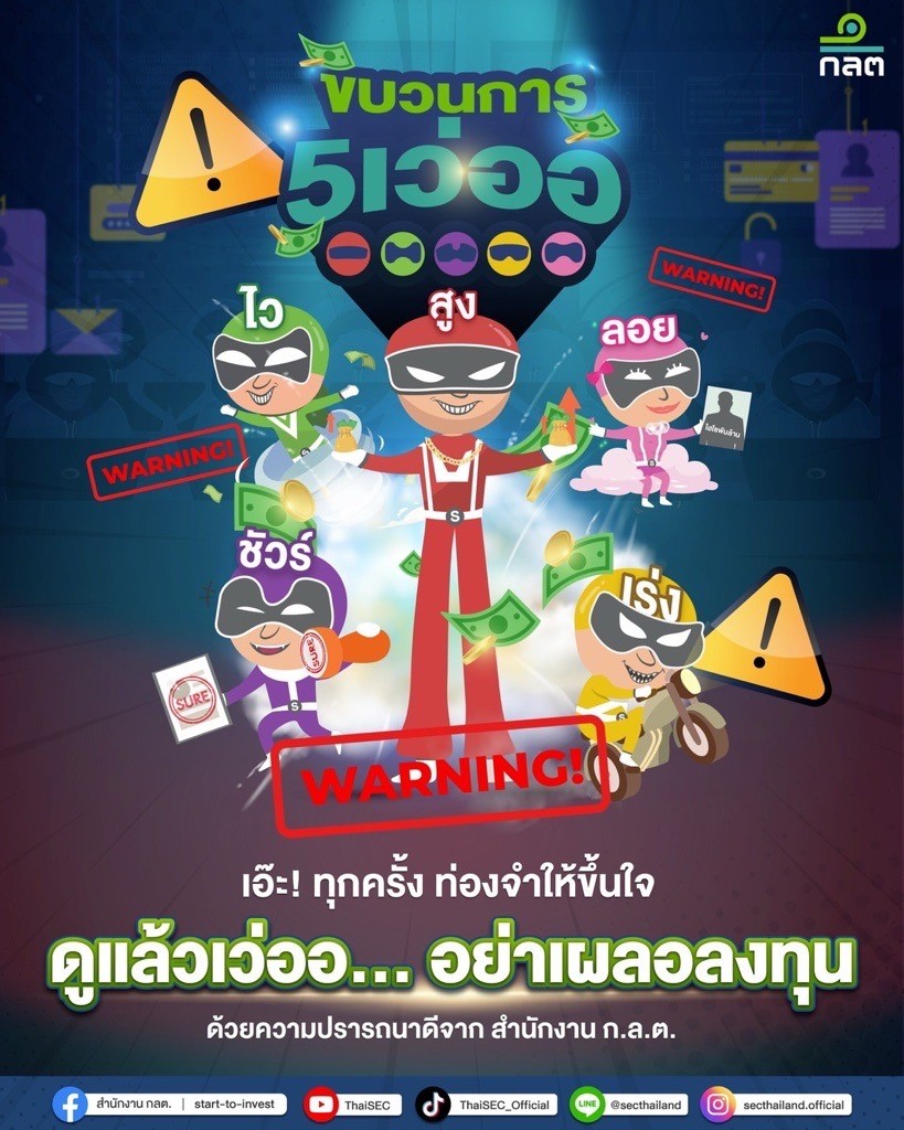 ก.ล.ต. ต่อยอดแคมเปญ “ดูแล้วเว่ออ…อย่าเผลอลงทุน” ชวนสังเกต 5 สัญญาณอันตราย กระตุ้นให้ประชาชนตระหนักและรู้ทันภัยกลโกงหลอกลงทุน