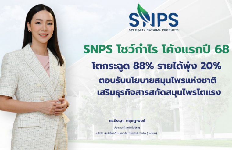 SNPS โชว์กำไร โค้งแรกปี 68 โตกระฉูด 88% รายได้พุ่ง 20% ตอบรับนโยบายสมุนไพรแห่งชาติ เสริมธุรกิจสารสกัดสมุนไพรโตแรง