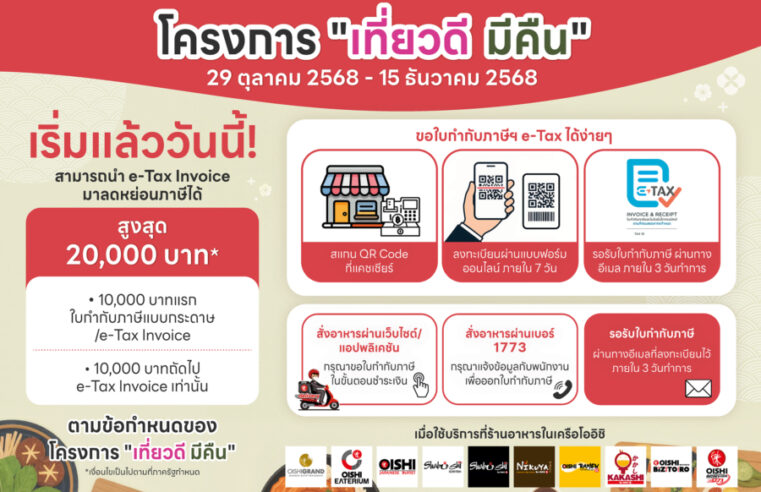 โออิชิ ร่วมโครงการ เที่ยวดี มีคืน 2568 พร้อมมอบสิทธิลดหย่อนภาษีฯ สูงสุด 20,000 บาท* วันนี้ถึง 15 ธันวาคมนี้ เท่านั้น